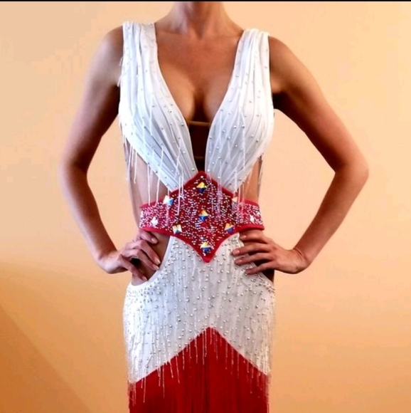 Dore Design White Latin Dress w/ Red Fringe - Picture 5 of 5